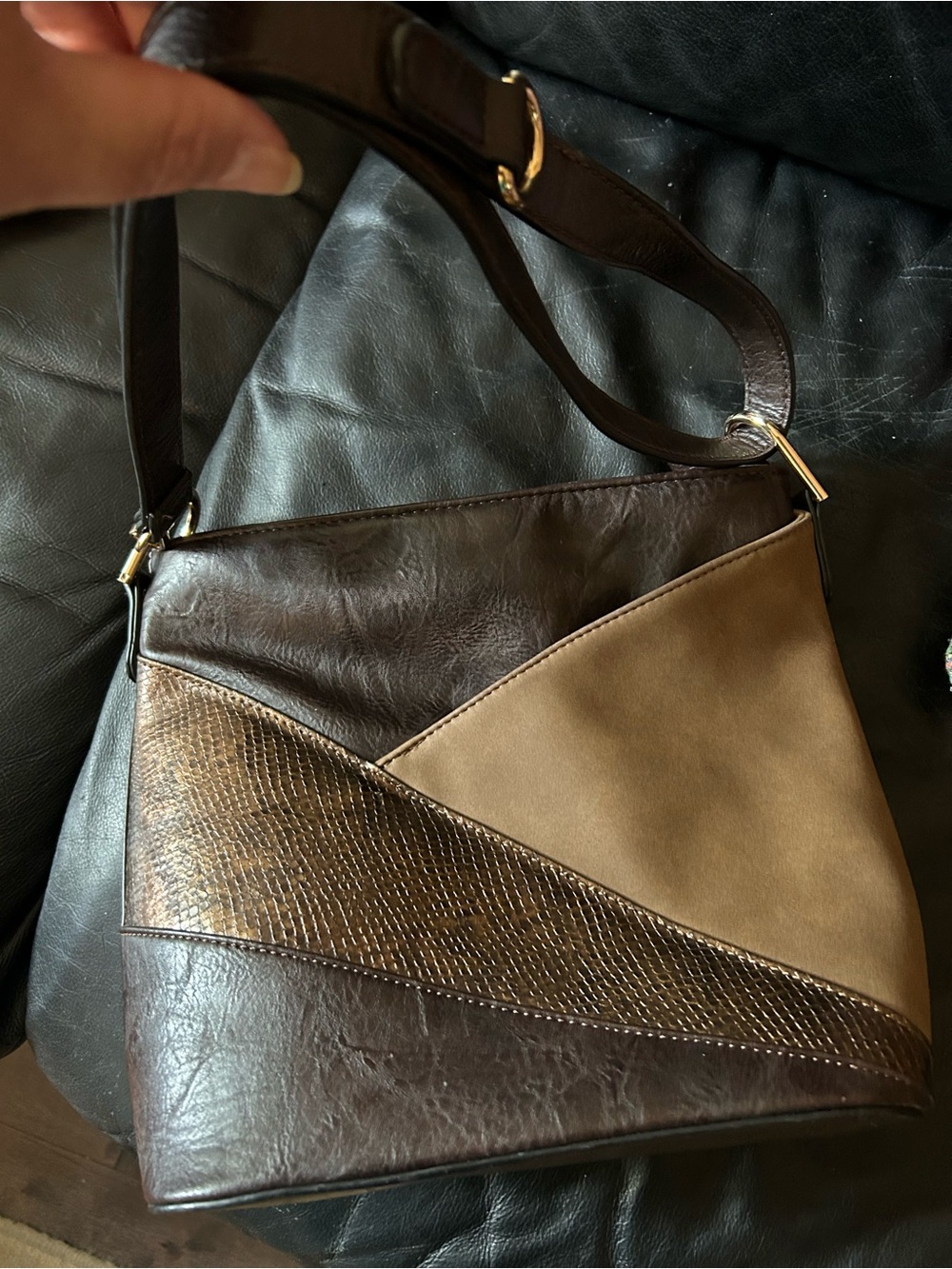 Patchwork Leather Shoulder Bag in Brown and Tan